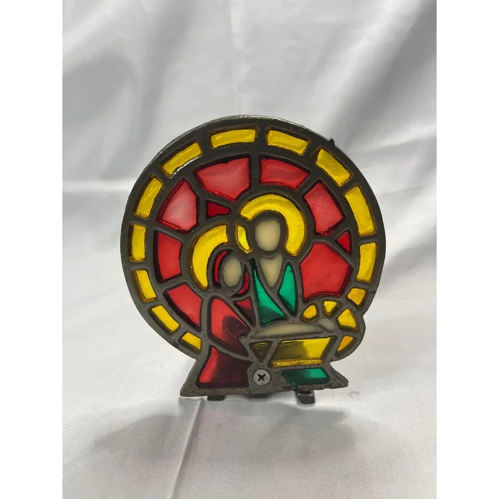 Vintage Stained Glass Holy Family Nativity Votive Candle Holder Cast Metal Decor